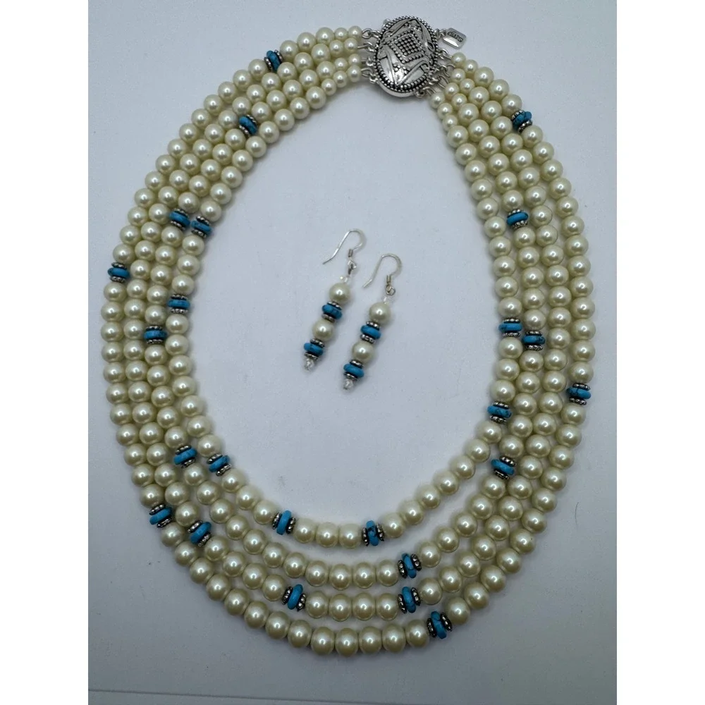 Chaps Faux Pearl Turquoise Multi Strand Necklace and Earring Set Silver Tone